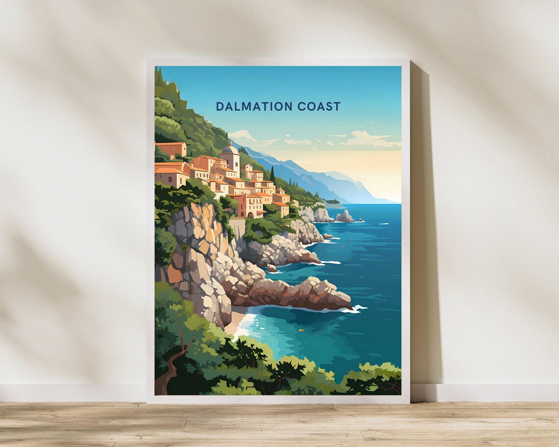 Dalmation Coast Croatia Cliffside Village Vintage Travel Poster