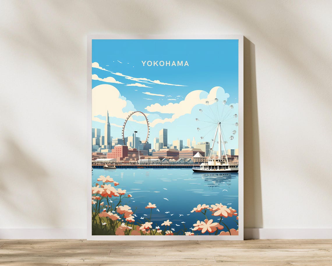Yokohama Japan Waterfront Ferris Wheel Cherry Blossom Art Poster