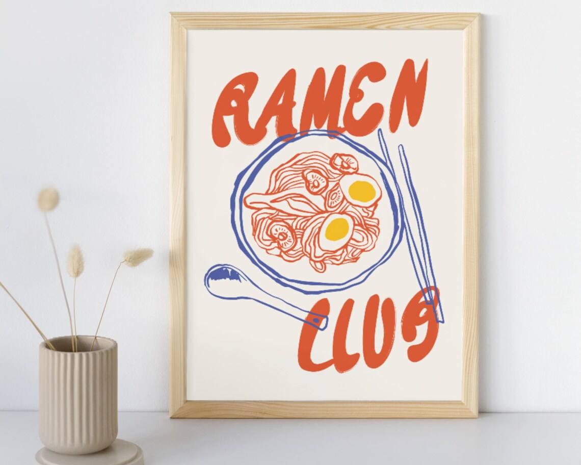 Ramen Club Illustrated Steaming Noodle Bowl Retro Kitchen Art Poster