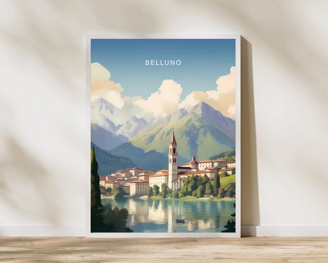 Belluno Italy Lakeside Alpine Town Dolomites Vintage Travel Poster