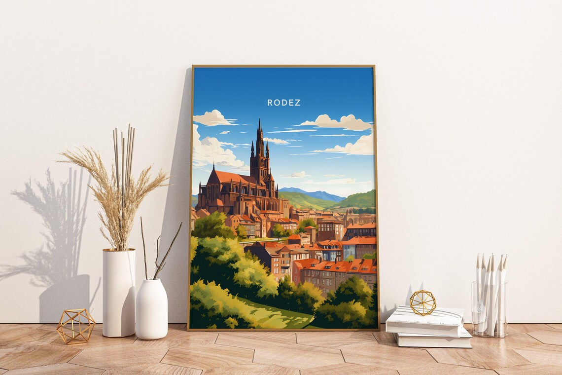 Rodez France Gothic Cathedral Old Town Vintage Travel Poster