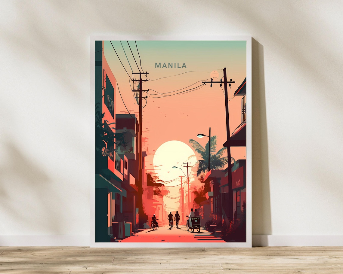 Manila Philippines Street Sunset Power Lines Silhouette Travel Poster