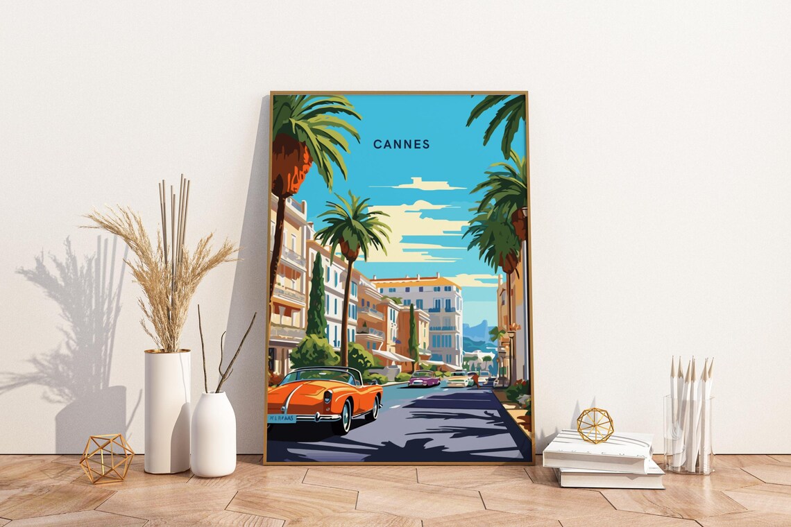Cannes France Palm Boulevard Classic Cars Vintage Travel Poster