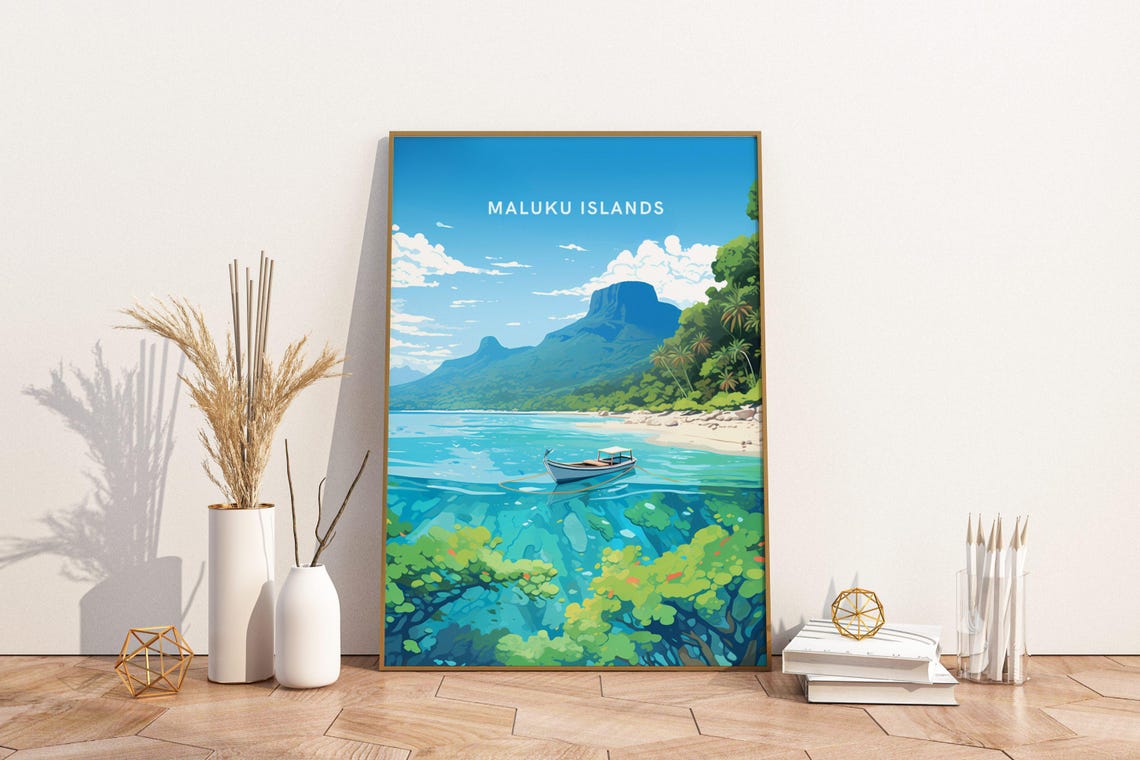 Maluku Islands Indonesia Tropical Beach With Boat Travel Poster