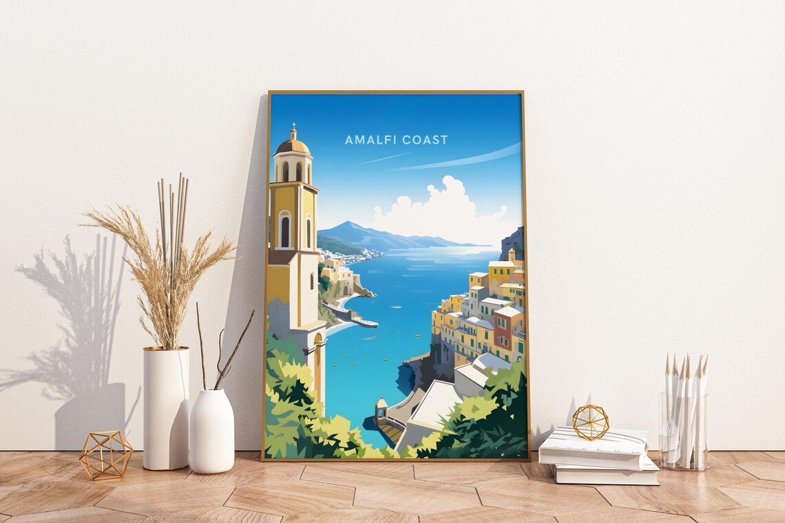 Amalfi Coast Italy Cliffside Village Church Sea View Travel Poster