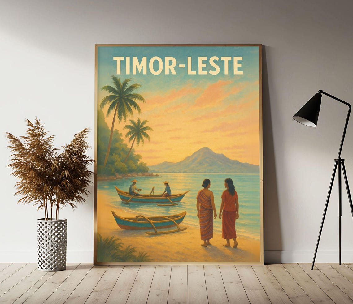 Timor-Leste Fishing Boats Beach Sunset Vintage Travel Poster