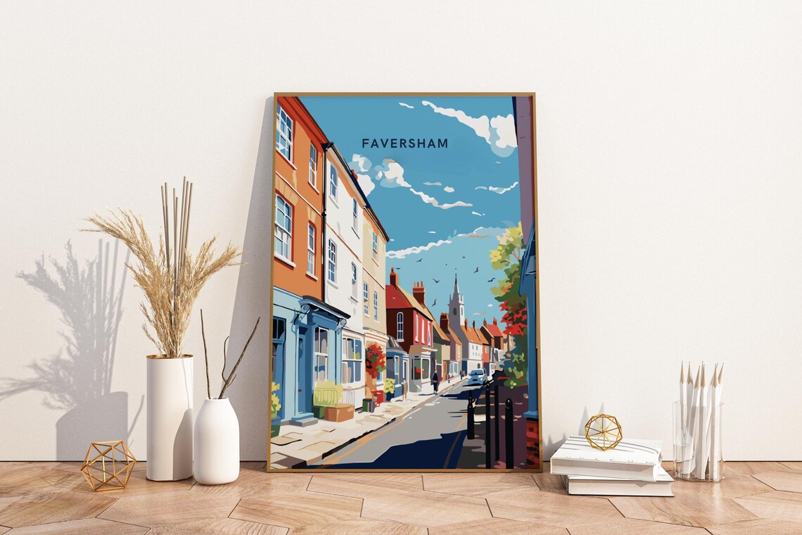 Faversham Kent Historic Colorful Town Street Scene Travel Poster