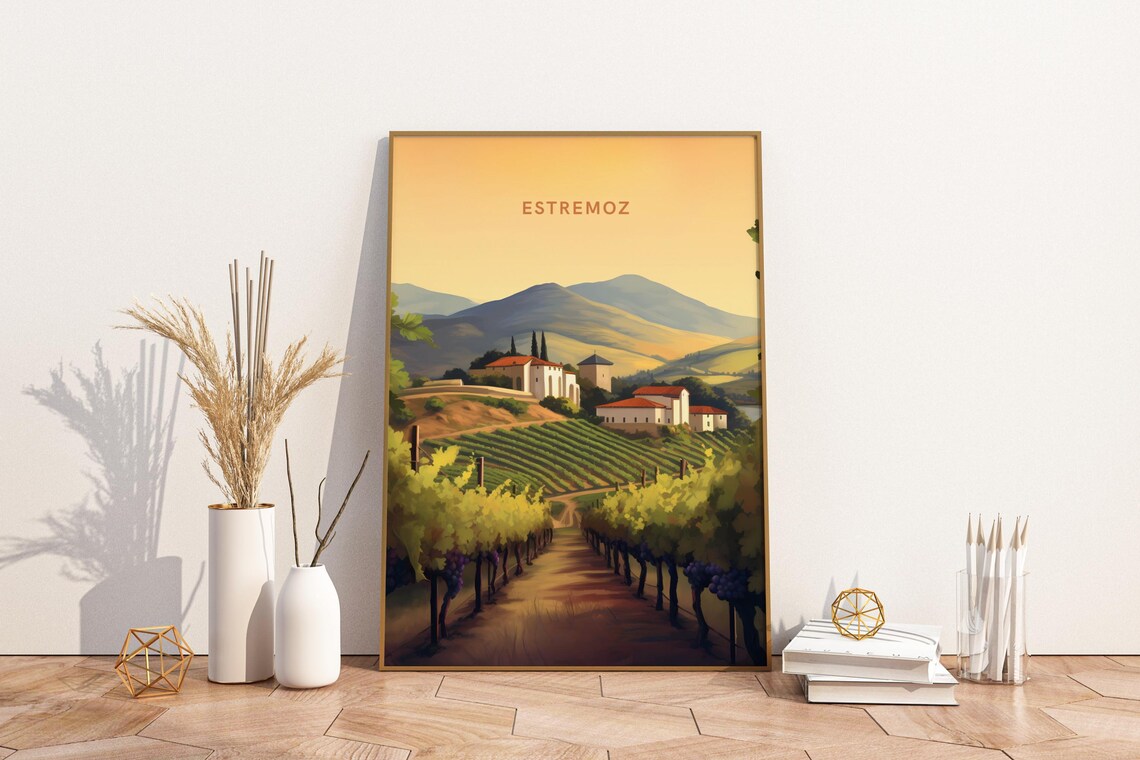 Estremoz Portugal Golden Vineyard Landscape Travel Art Poster