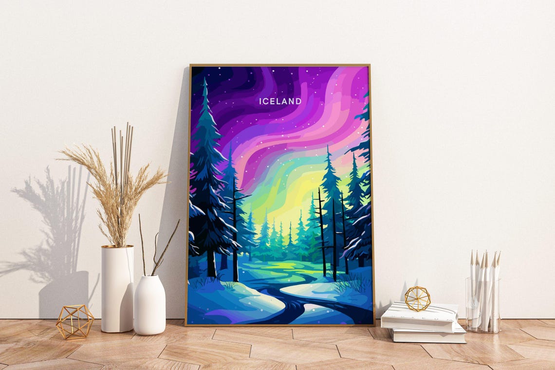 Iceland Northern Lights Over Snowy Pine Forest Vintage Travel Poster