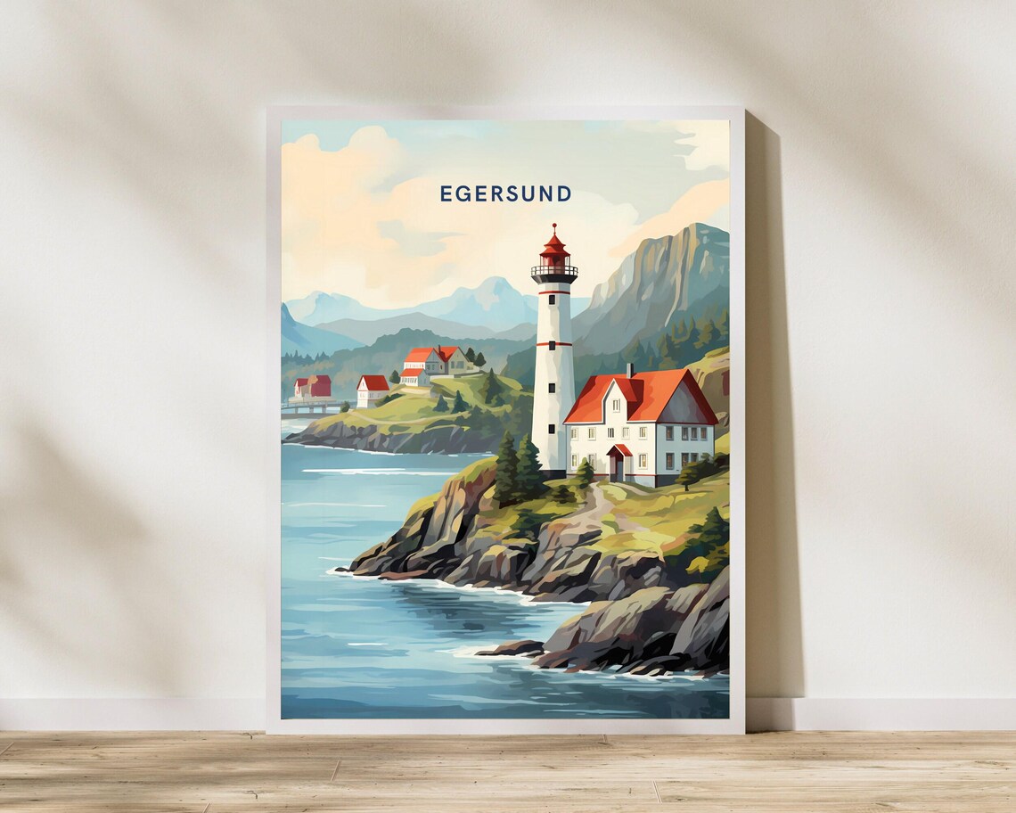 Egersund Norway Lighthouse Coastal Cliffs Vintage Style Travel Poster