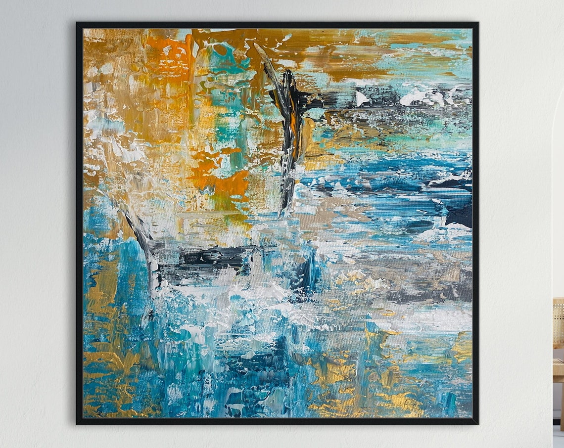 Blue and Gold Textured Palette Knife Abstract Square Art Poster