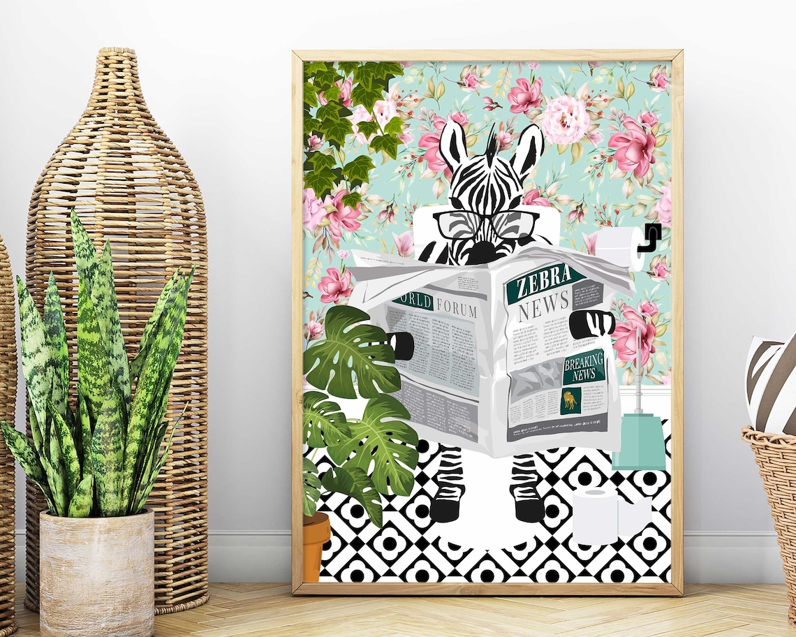 Zebra On Toilet Bathroom Humor Animal Art Print