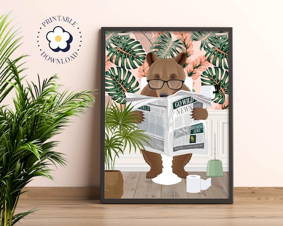 Bear On Toilet Bathroom Art Print, Tropical Maximalist