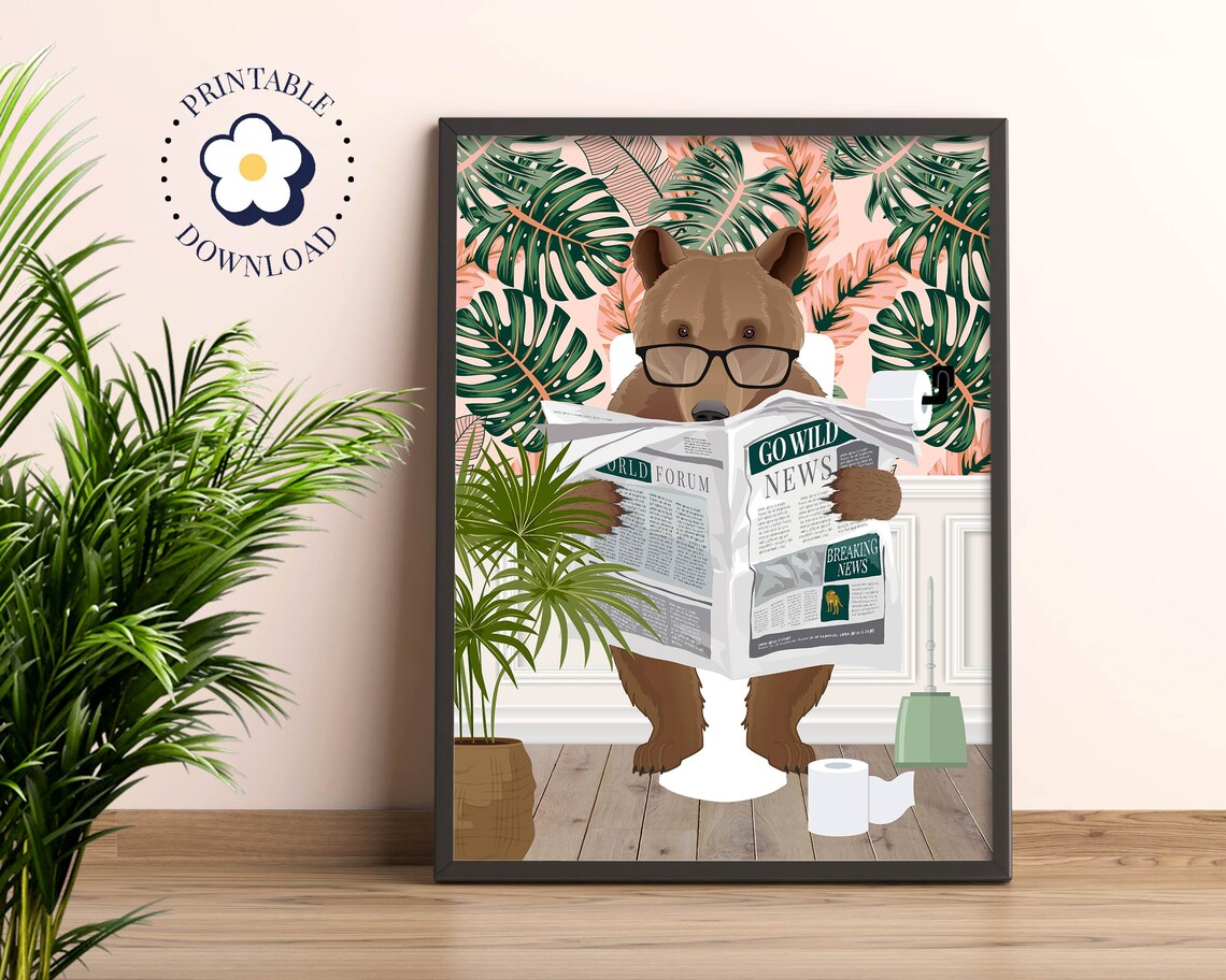 Bear On Toilet Bathroom Art Print, Tropical Maximalist