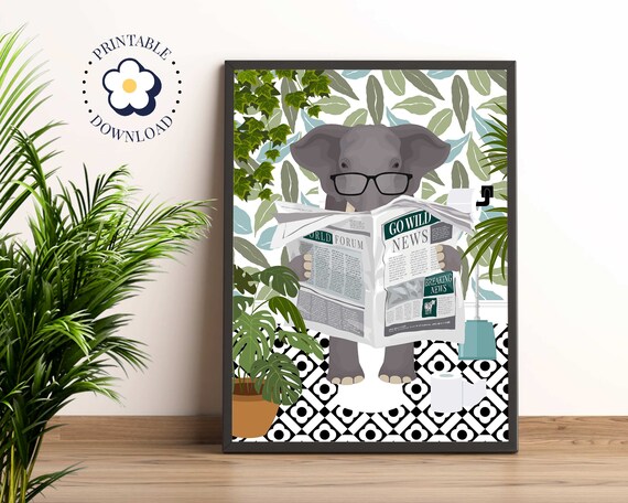 Elephant On Toilet Botanical Boho Art Print