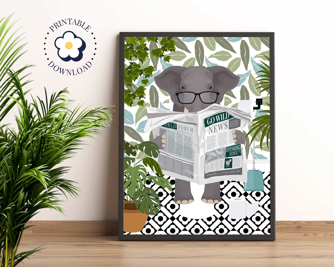 Elephant On Toilet Botanical Boho Art Print