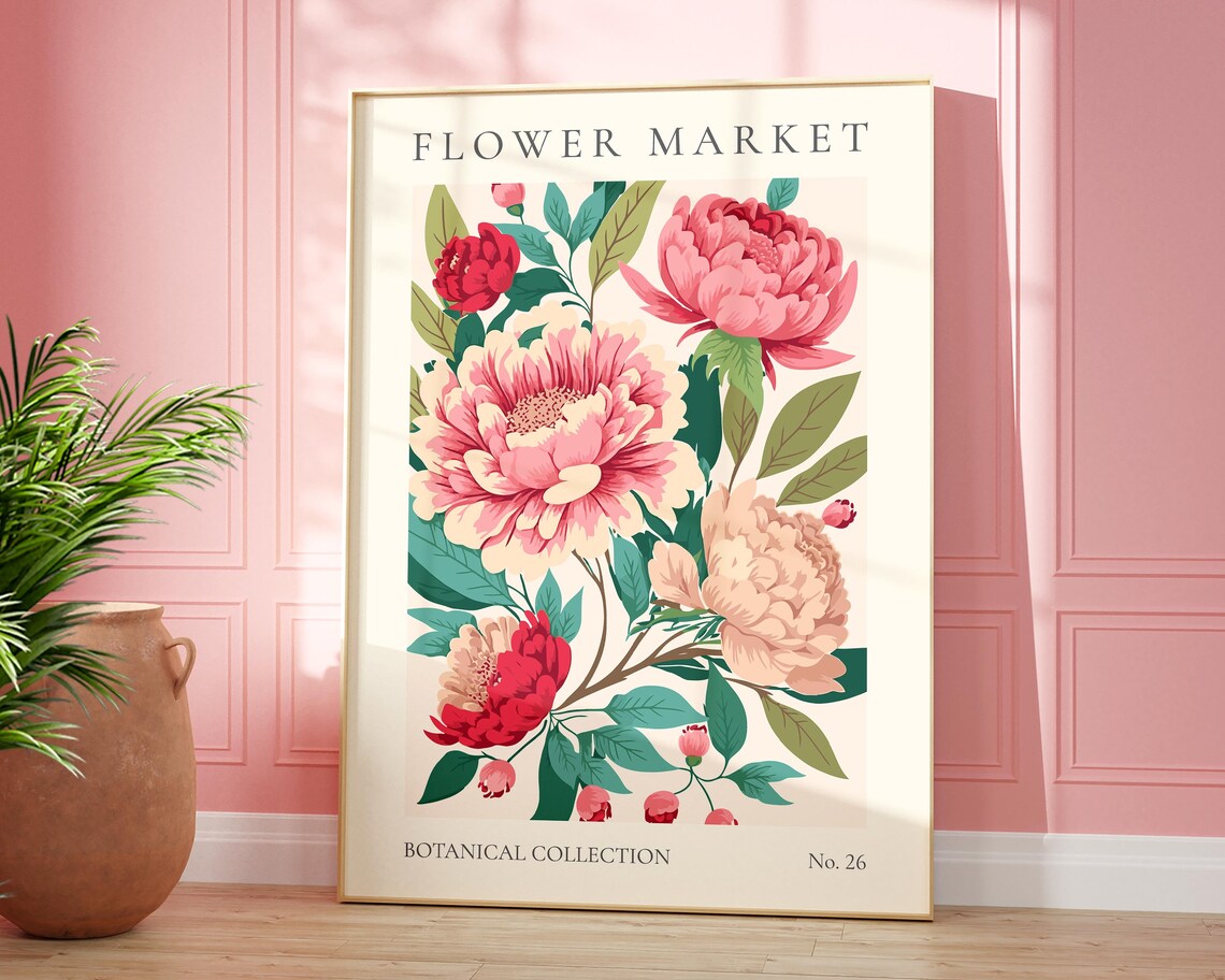 Pink Flower Market Art Print, Modern Abstract Plant