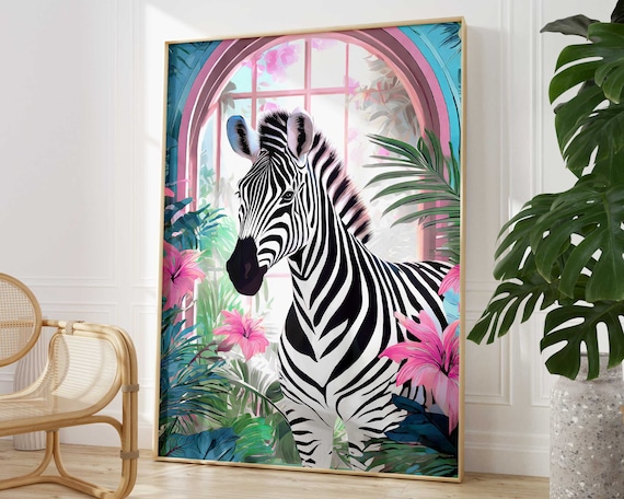 Tropical Zebra Animal Print Colourful Modern Home Decor Pink Art Poster Eclectic Botanical Living Room Bathroom Wall