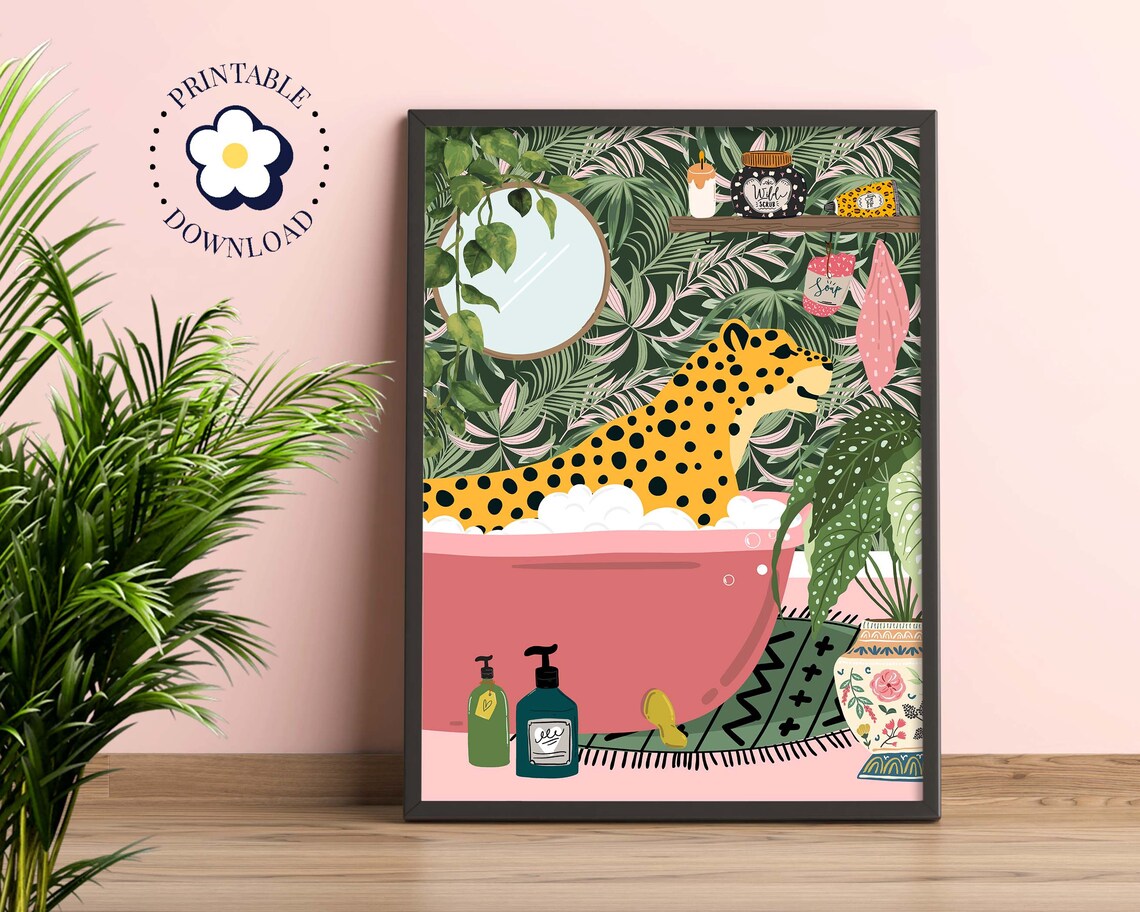 Leopard in Bathtub Botanical Animal Art Print
