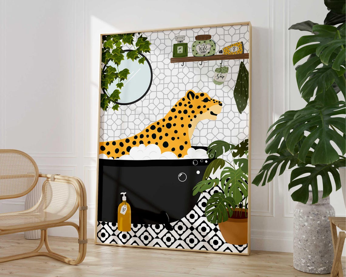 Cheetah in Bubble Bath Funny Bathroom Animal Maximalist Poster