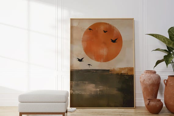 Digital Download Terracotta Sun Minimalist Boho Landscape Printable Mid Century Modern Print File With Birds Art