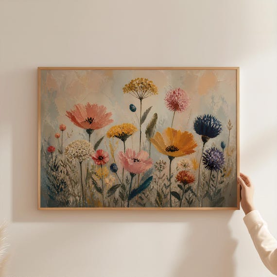 Textured Floral Wall Art Wildflower Poster Palette Knife Oil Painting Print Impasto Botanical Neutral Warm Tone Meadow Decor