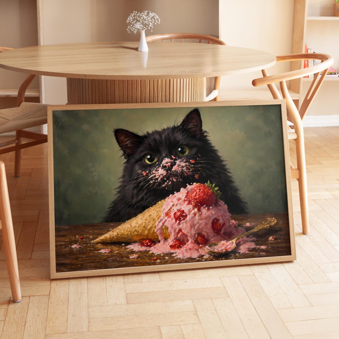 Black Cat Strawberry Ice Cream Messy Face Funny Oil Painting Poster