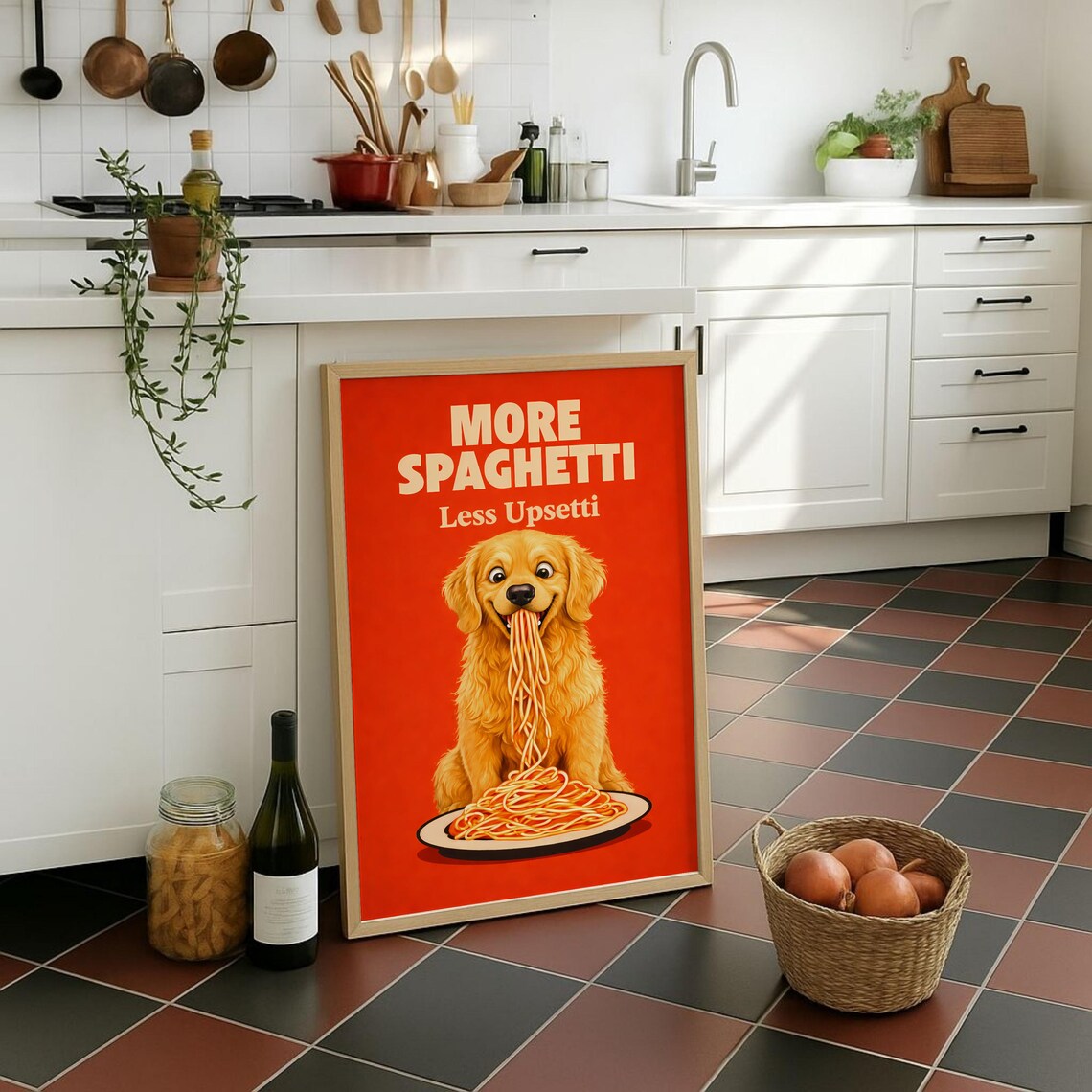 More Spaghetti Less Upsetti Golden Retriever Dog Kitchen Funny Poster