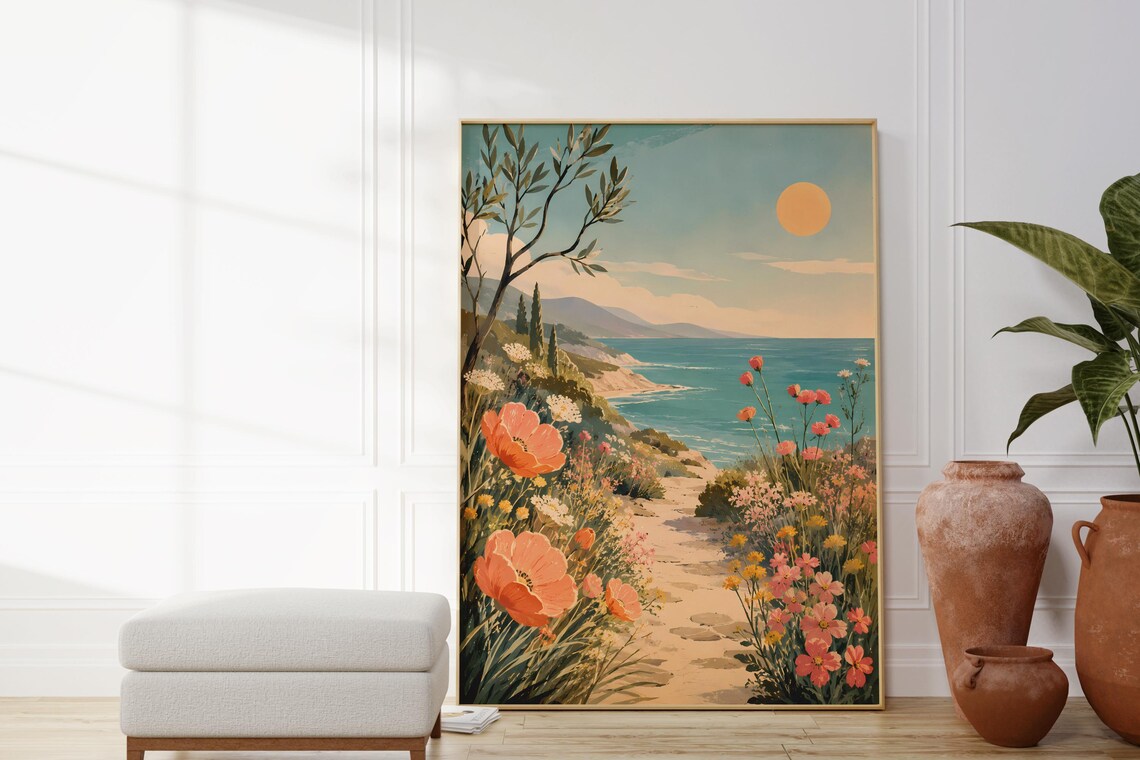 Wildflower Coastal Path Sea Sun Olive Vintage Travel Art Poster