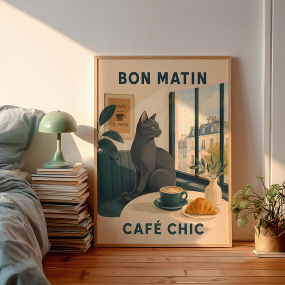 Retro Bon Matin Cafe Chic Poster Cute Black Cat Paris Window View Wall Art French Typography Print Aesthetic Kitchen Decor