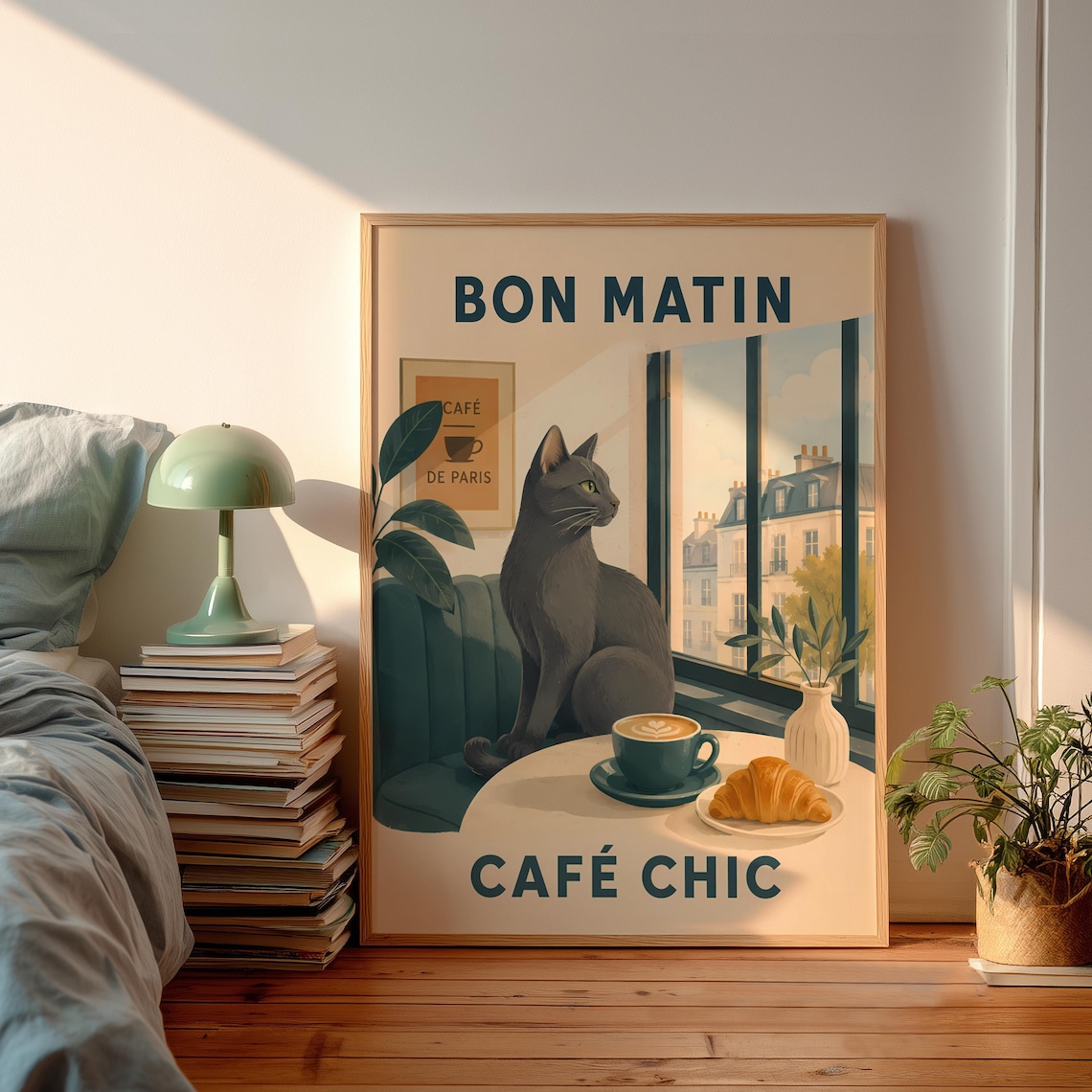 Bon Matin Cafe Chic Grey Cat Paris Croissant and Coffee Poster