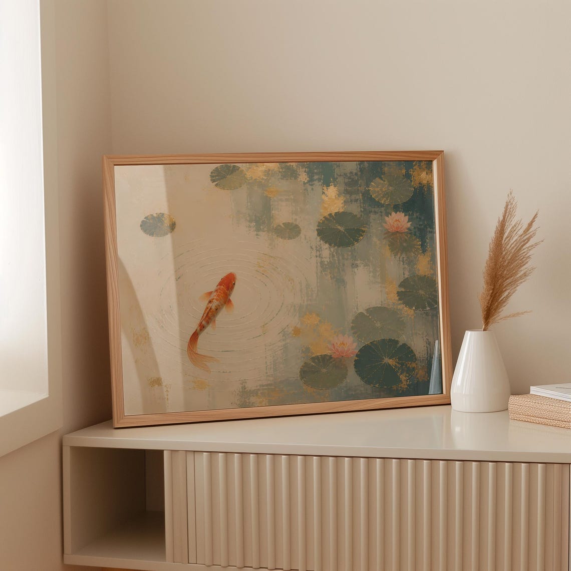Koi Fish Pond Poster Sage Green Water Lily Minimalist Zen Decor