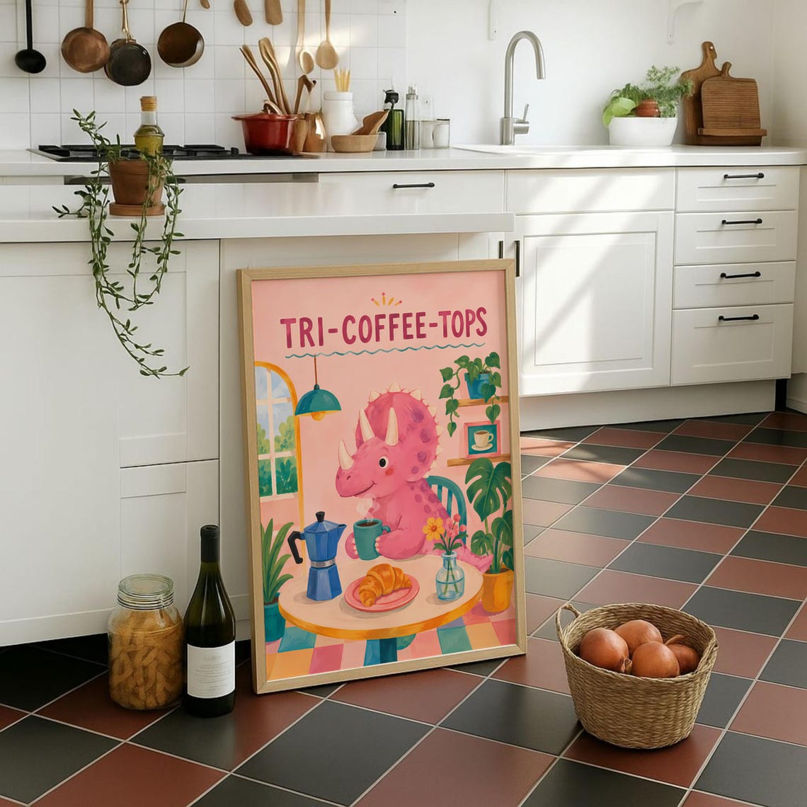 Tri Coffee Tops Cute Pink Dinosaur Cafe Whimsical Kids Room Poster