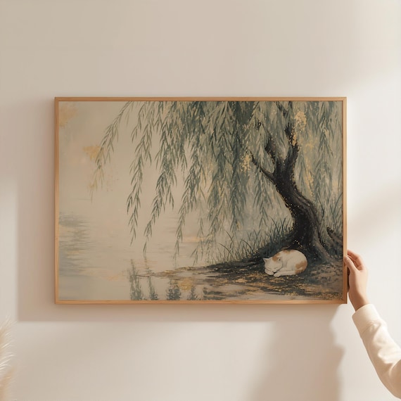 Japandi Cat Wall Art Willow Tree Zen Landscape Poster Sleeping Watercolor Print Asian Style Neutral Gold Aesthetic Decor
