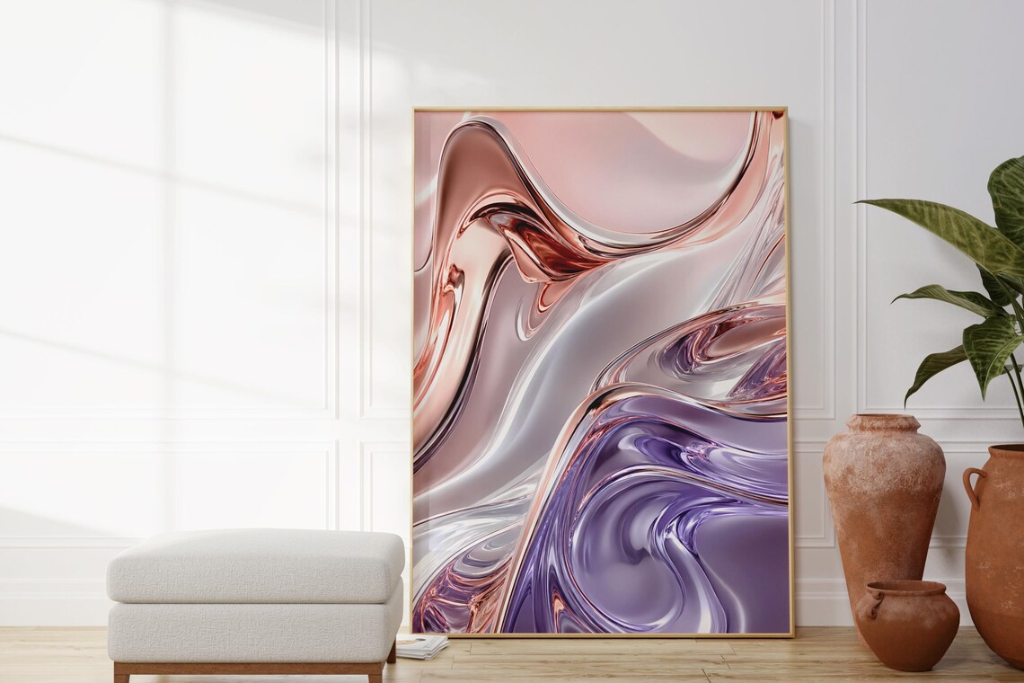Rose Gold Chrome Poster, 3D Fluid Abstract
