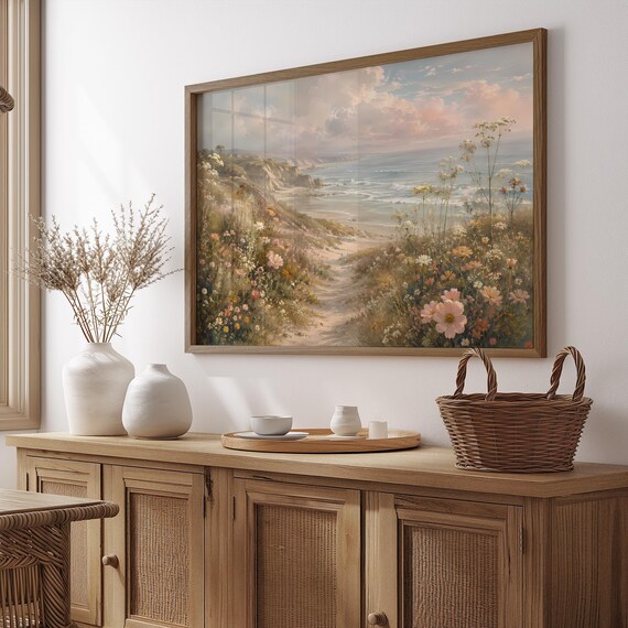 Coastal Wildflower Path Beach Ocean Watercolor Cottagecore Poster