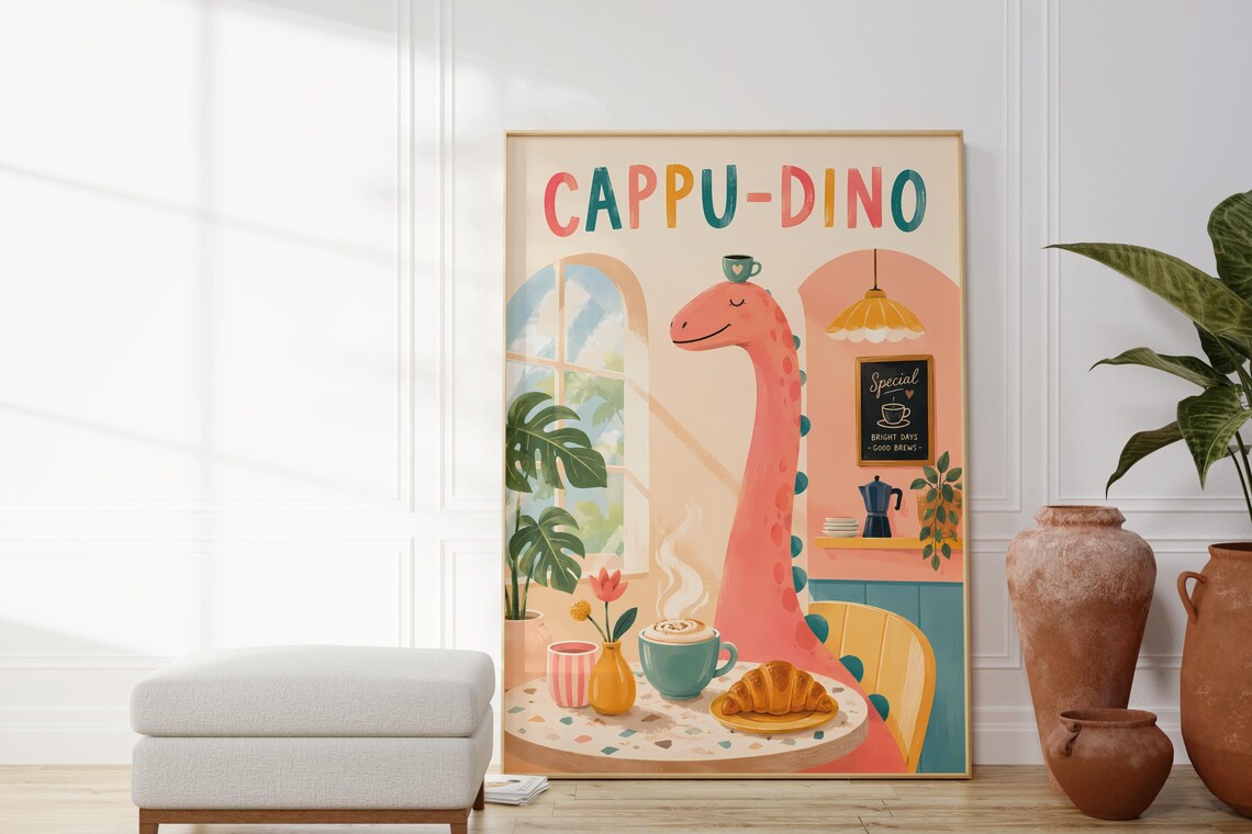 Danish Pastel Dinosaur Poster, Whimsical Cafe Decor