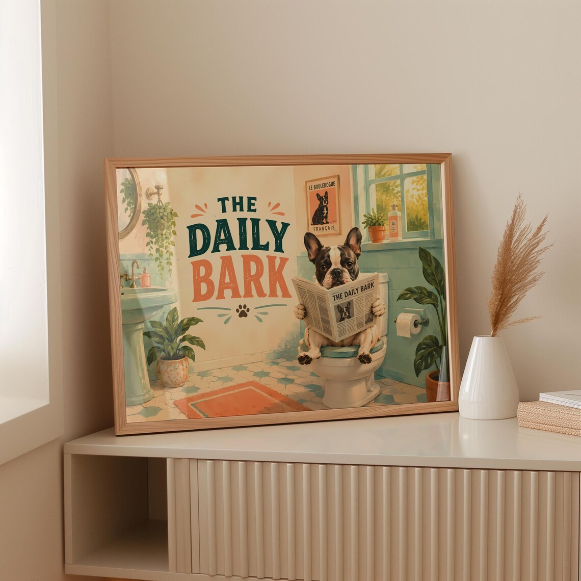 Funny French Bulldog On Toilet, Bathroom Art Print