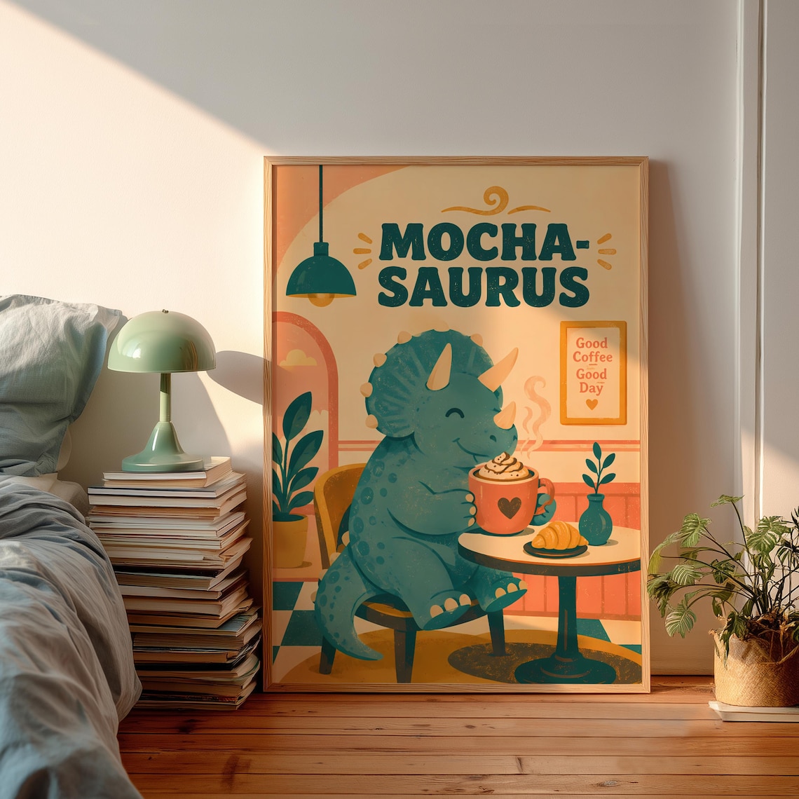 Vintage Cute Dinosaur Poster, Coffee Lover Gift Art