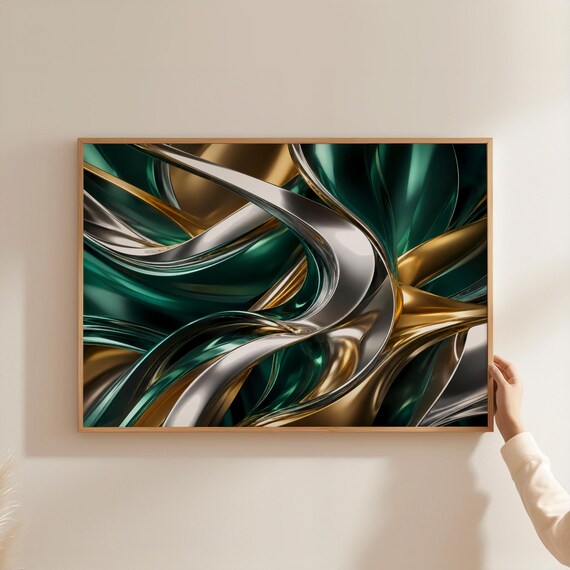 Digital Download Emerald Green Gold Art Luxury Liquid Metal Printable Horizontal Chrome Swirl Abstract Print File