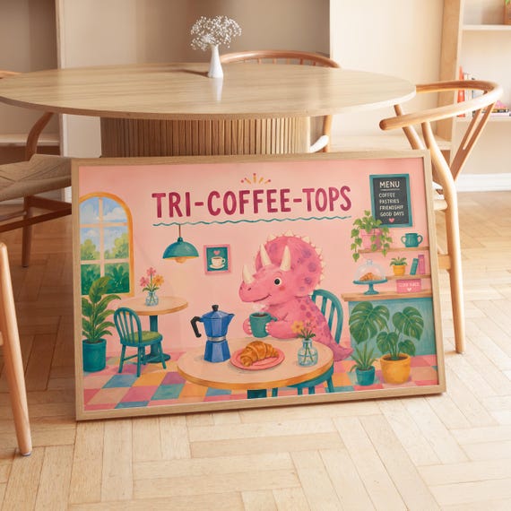 Vintage Cute Dinosaur Poster, Coffee Lover Art Print