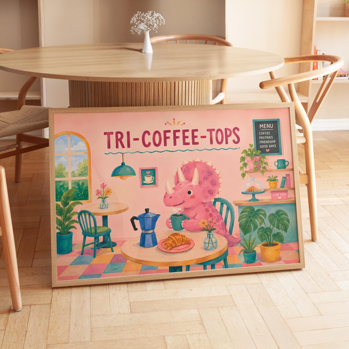 Vintage Cute Dinosaur Poster, Coffee Lover Art Print