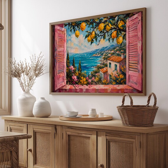 Lemon Tree Pink Shutters Coastal Town Window View Art Poster