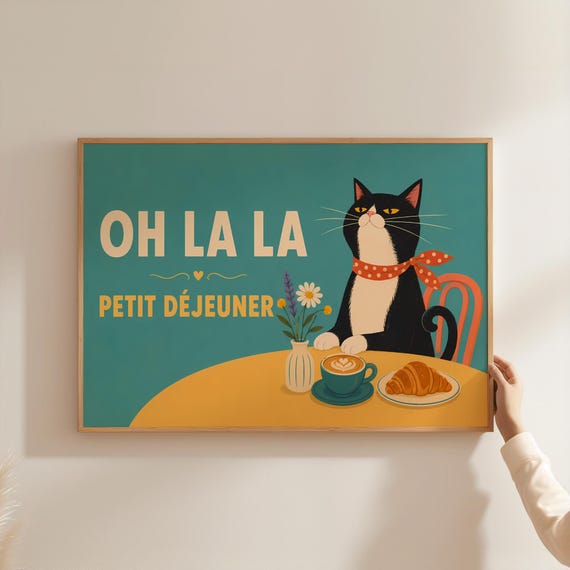 Danish Pastel Oh La Tuxedo Cat Poster French Petit Dejeuner Coffee Wall Art Cute Black And White Croissant Print Kitchen Decor