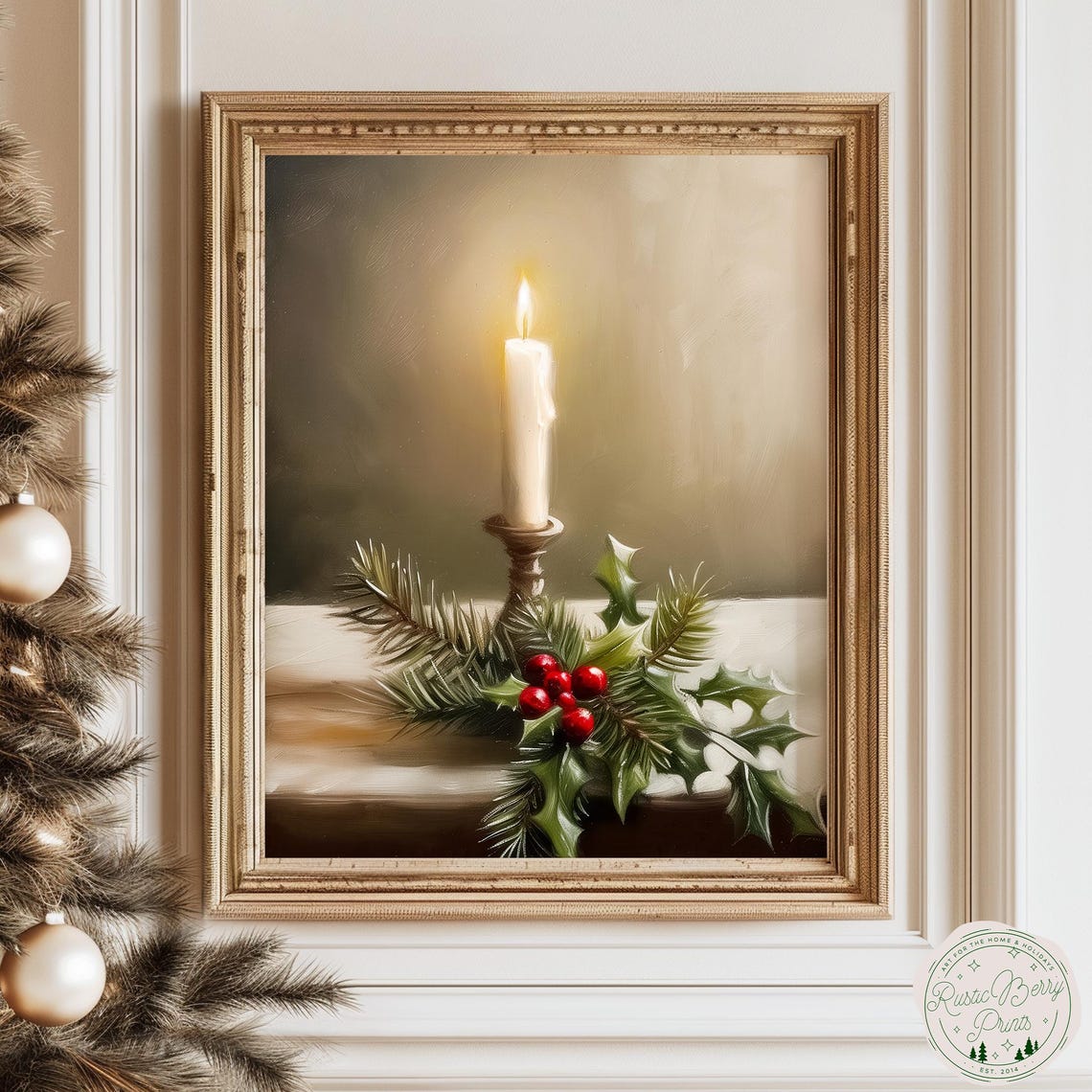 Lit Candle Holly Pine Berries Christmas Still Life Vintage Art Poster