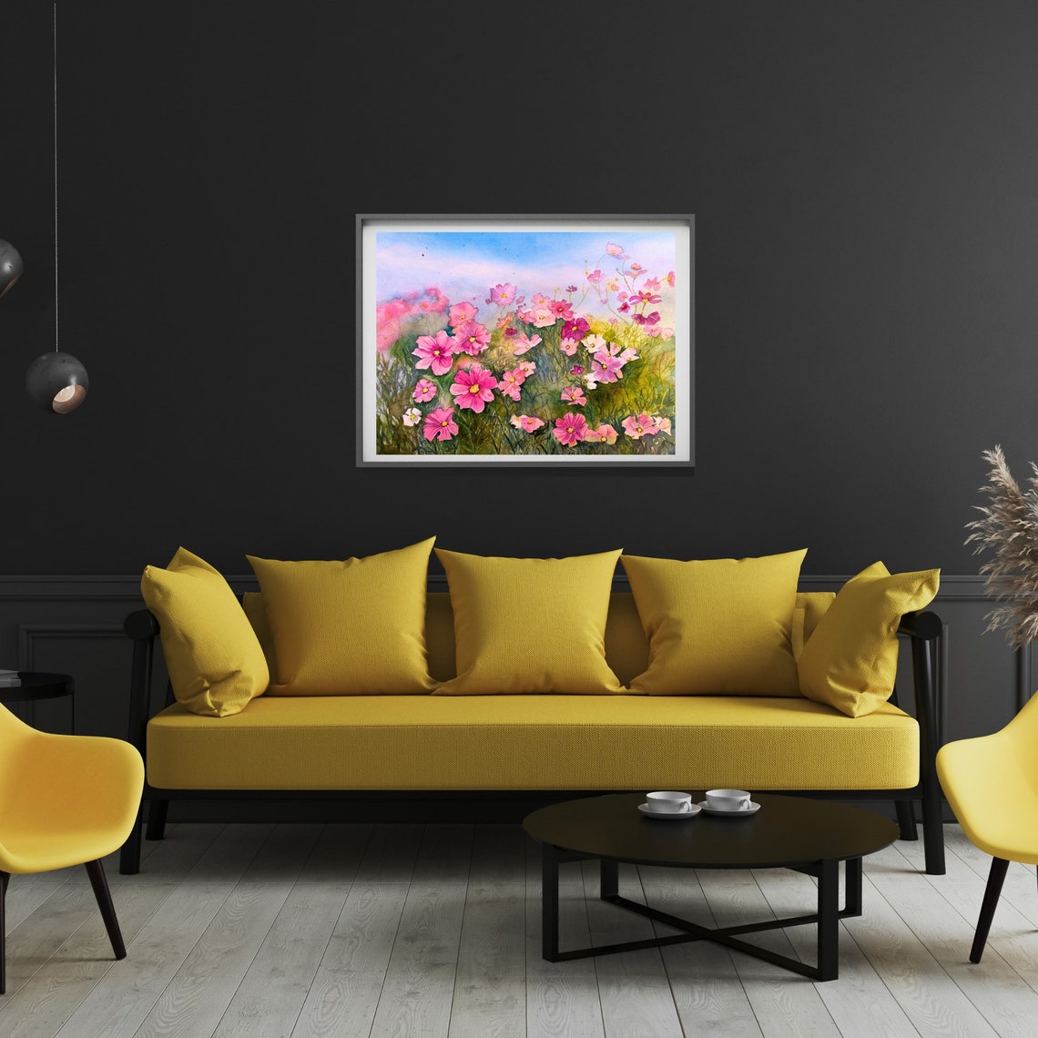 Pink Cosmos Flowers Field Under Blue Sky Watercolor Floral Poster - Image 3