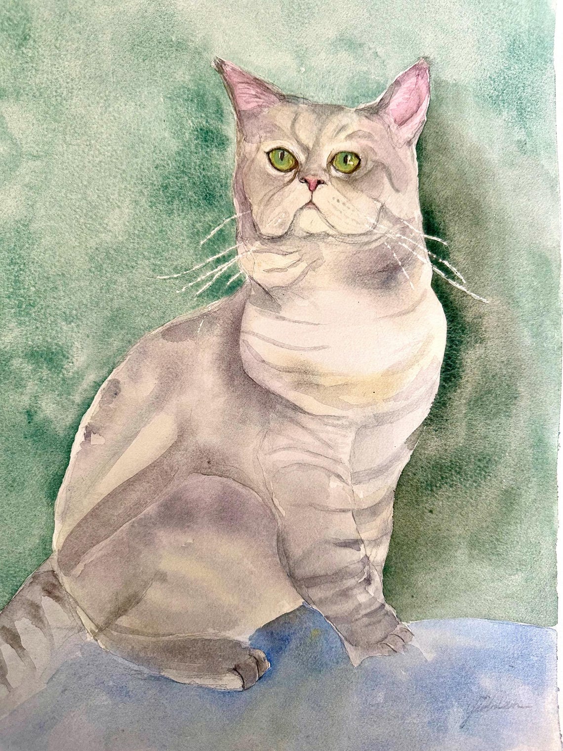 Silver Grey Cat with Green Eyes Watercolor Pet Portrait Poster - Image 3