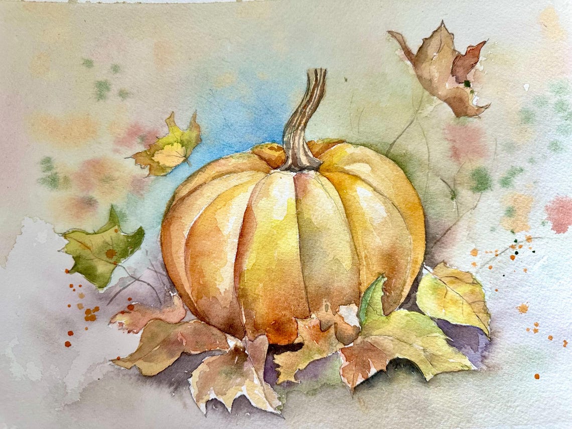 Golden Harvest Pumpkin with Falling Autumn Leaves Watercolor Poster - Image 2