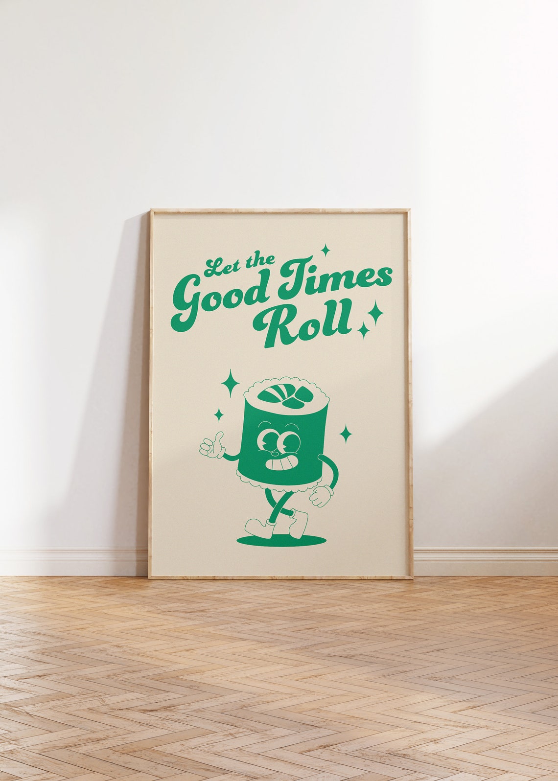 Let the Good Times Roll Green Retro Sushi Character Food Quote Poster