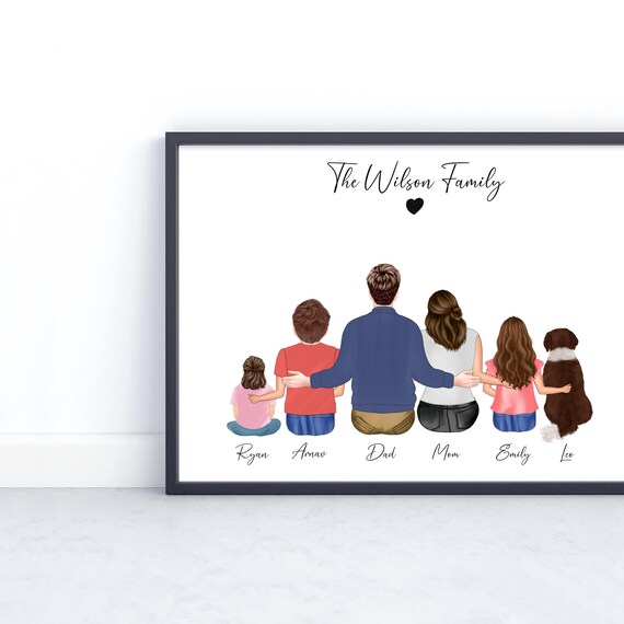 Personalized Family Portrait With Dog Custom Names Wall Poster